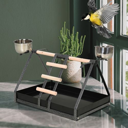 Portable Bird Stand Resting Stainless Steel Base Perch Ladder Bowls *SHIPS WITHIN UK ONLY*