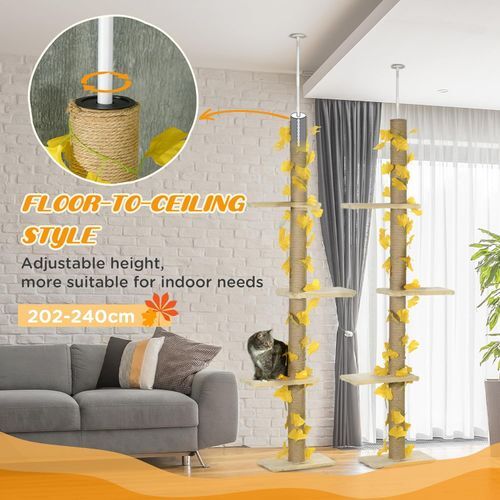 242cm Adjustable Floor-To-Ceiling Cat Tree w/ Anti-Slip Kit - Yellow *SHIPS WITHIN UK ONLY*