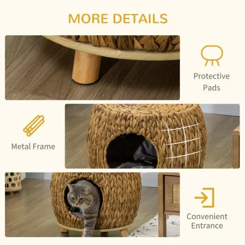 Rattan Cat House Stool, Wicker Kitten Bed for Outdoors and Indoors w/ Cushion *SHIPS WITHIN UK ONLY*