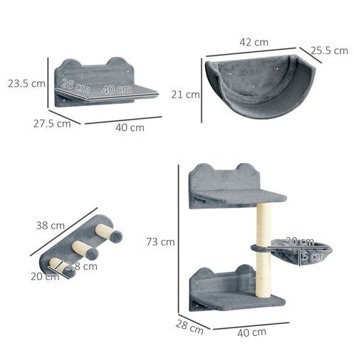 PawHut 4PCs Wall Mounted Cat Tree Cat Wall Shelves W/ Scratching Post Grey *SHIPS WITHIN UK ONLY*