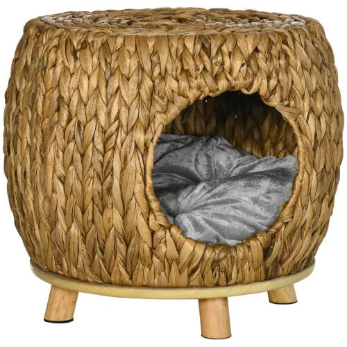 Rattan Cat House Stool, Wicker Kitten Bed for Outdoors and Indoors w/ Cushion *SHIPS WITHIN UK ONLY*