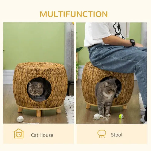 Rattan Cat House Stool, Wicker Kitten Bed for Outdoors and Indoors w/ Cushion *SHIPS WITHIN UK ONLY*