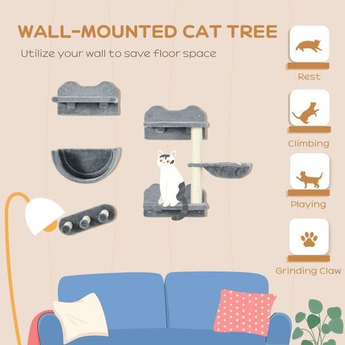 PawHut 4PCs Wall Mounted Cat Tree Cat Wall Shelves W/ Scratching Post Grey *SHIPS WITHIN UK ONLY*