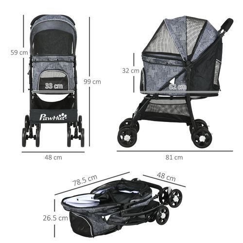 PawHut Foldable Dog Stroller w/ Large Carriage, Universal Wheels, Brakes - Grey *SHIPS WITHIN UK ONLY*